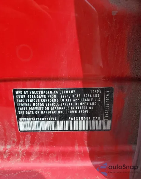 2010 Volkswagen Gti из США, поврежденный, VIN WVWGD7AJ2AW227627